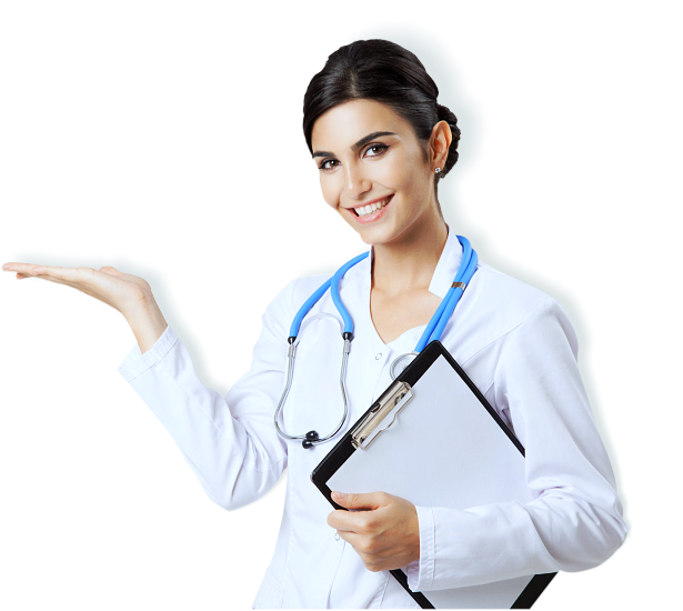 cheerful female doctor smiling and gesturing in welcome with one hand while holding a clipboard in the other