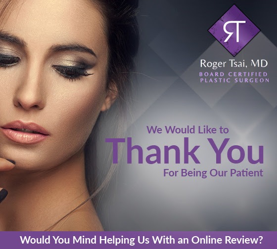 A graphic design with a beautiful woman and Dr. Tsai's logo. The words "We would like to thank you for being our patient. Would you mind helping us with an online review?' appear over the graphic.